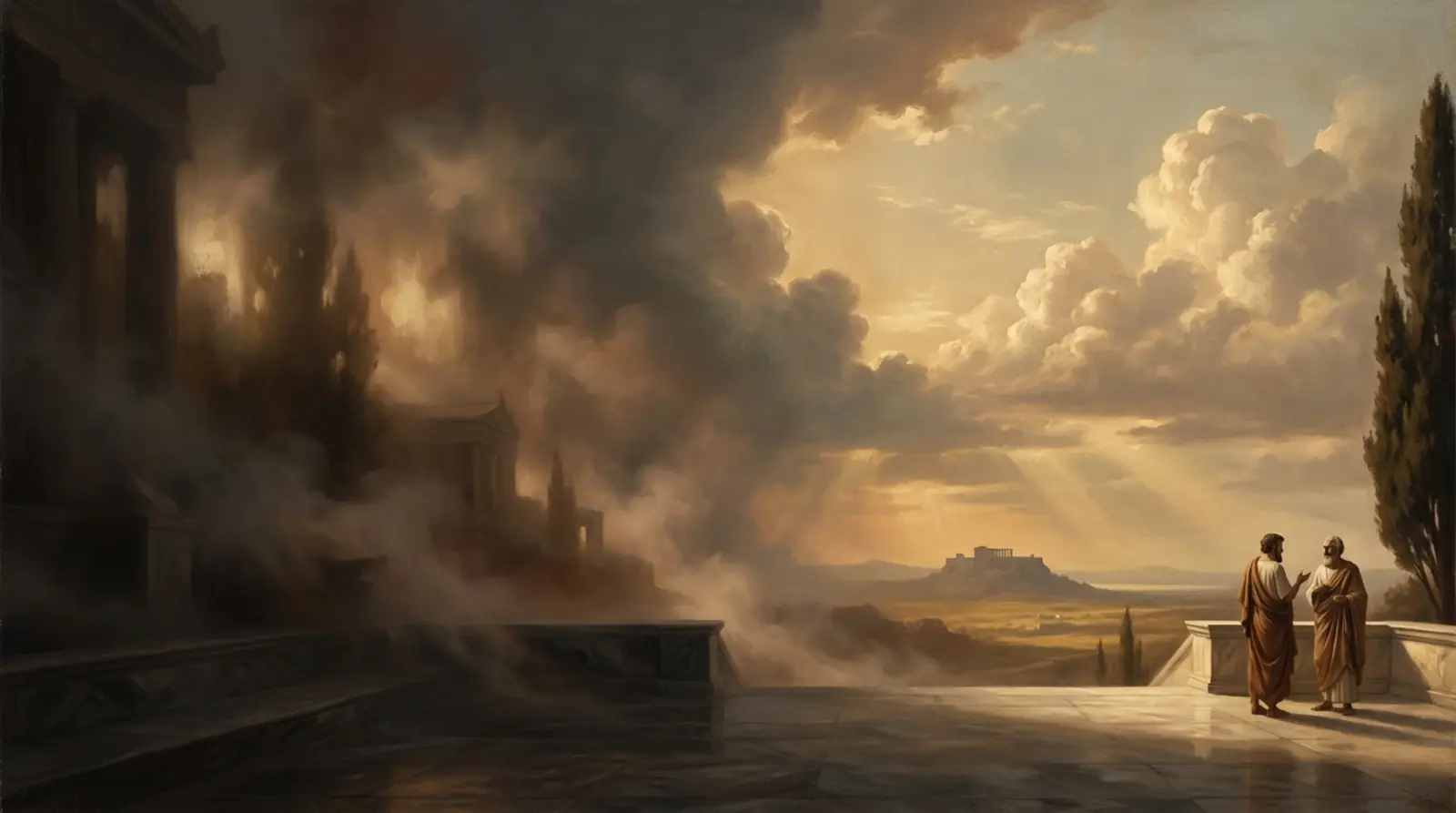 Two classical Greek philosophers in quiet dialogue at golden hour, distant Acropolis silhouette